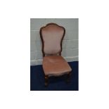 A VICTORIAN WALNUT PINK UPHOLSTERED CHAIR on scrolled front legs