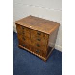 A MID 18TH CENTURY AND LATER WALNUT AND INLAID CHEST OF TWO SHORT OVER THREE LONG GRADUATED DRAWERS,