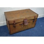 A VINTAGE BROWN CANVAS AND LEATHER BANDED TRUNK, marked A E RICKARDS, BATH, permanent marker to