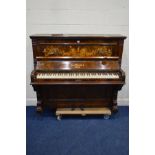 A LATE VICTORIAN BURR WALNUT JOSEPH WALLIS AND CO, LONDON UPRIGHT PIANO, width 141cm x depth 61cm