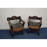 A PAIR OF EARLY 20TH CENTURY CARVED BEECHWOOD SAVONAROLA CHAIRS, upholstered seat pads over webbed
