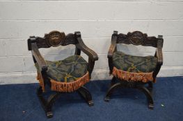 A PAIR OF EARLY 20TH CENTURY CARVED BEECHWOOD SAVONAROLA CHAIRS, upholstered seat pads over webbed