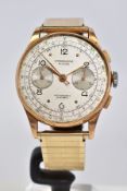 A GENTLEMENS CHRONOGRAPHE SUISSE WRISTWATCH, the silver dial with Arabic numerals and dot markers,