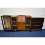 A 1940'S OAK SIDE BY SIDE BUREAU BOOKCASE, width 123cm x depth 34cm x height 111cm (key, s.d.),