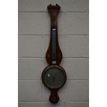 A GEORGIAN MAHOGANY STRUNG AND INLAID WHEEL BAROMETER, signed Caltelly, Hereford, with a
