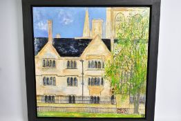 KATHARINE DOVE (BRITISH CONTEMPORARY) 'ACROSS THE CRICKET GREEN', an Oxbridge College with bike