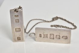 TWO SILVER INGOT PENDANTS, the first with a silver hallmark for Birmingham, length 43mm, the