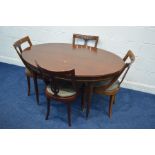 A MODERN MAHOGANY OVAL TOPPED EXTENDING TABLE, 138cm x depth 97cm x height 74cm and six chairs