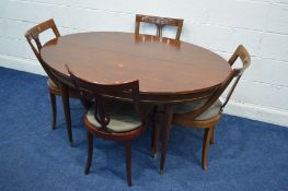 A MODERN MAHOGANY OVAL TOPPED EXTENDING TABLE, 138cm x depth 97cm x height 74cm and six chairs