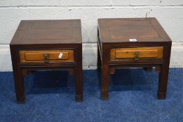 A PAIR OF 19TH CENTURY ORIENTAL HARDWOOD LAMP TABLES with a single drawer, 33cm square x height