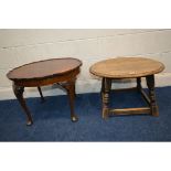 AN EARLY TO MID 20TH CENTURY OAK CIRCULAR OCCASIONAL TABLE, diameter 62cm x height 41cm together