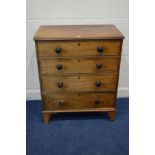 A GEORGIAN MAHOGANY, CROSSBANDED AND EBONY STRUNG CHEST OF FOUR LONG GRADUATING DRAWERS, turned