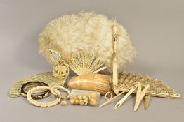 A BOX OF LATE 19TH AND EARLY 20TH CENTURY BONE, IVORY AND CELLULOID, including a bone Stanhope