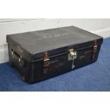 A VINTAGE BLACK GROUND AND LEATHER TRAVELLING TRUNK, with travel labels, width 83cm x depth 46cm x