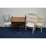 A SQUARE OAK TABLE, together with a metal and white leatherette American dinner chair (s.d.), a