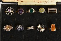 TEN 1970'S HALLMARKED SILVER DESIGNER RINGS, some by Clifford & Tull of London, one by M M O