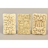 THREE MID TO LATE 19TH CENTURY CHINESE CANTON CARVED IVORY CARD CASES, one of rectangular form,