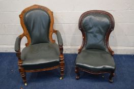 TWO VICTORIAN PARLOUR CHAIRS with green leather upholstery to both, one constructed from walnut with