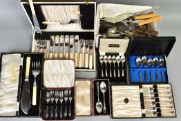 A LARGE SELECTION OF FLATWARE AND CUTLERY, to include eleven white metal knives with imitation ivory