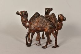 A BRONZED FIGURE GROUP OF THREE CAMELS, standing in a triangular shape, possibly for a base,