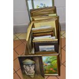 PAINTINGS AND PRINTS, a box and loose, including modern oils on board, amateur works of garden birds