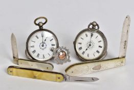 A SELECTION OF ITEMS, to include two small ladies pocket watches both with white dials, Roman
