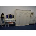A CREAM AND GILT BEDROOM SUITE, comprising two double door wardrobes, width 92cm x depth 54cm x