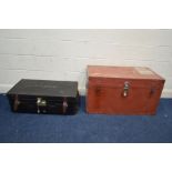 A VINTAGE BLACK CANVAS TRAVELLING TRUNK, with brown leather straps and brass studs, marked R Clamp &