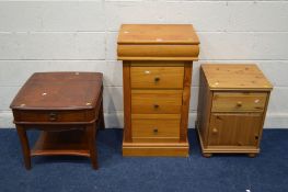 A MODERN PINE CHEST OF THREE DRAWERS, together with a pine single drawer bedside cabinet and a