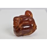 A CARVED AMBER NETSUKE in the form of an animal with leaves and flying insects detailing to the
