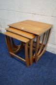 A G PLAN FRESCO TEAK NEST OF THREE TABLES, largest table dimensions 50cm square x height 51cm (fluid
