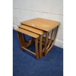 A G PLAN FRESCO TEAK NEST OF THREE TABLES, largest table dimensions 50cm square x height 51cm (fluid