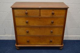 A VICTORIAN GOLDEN OAK CHEST OF TWO SHORT OVER THREE LONG GRADUATED DRAWERS, turned handles on