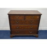 A GEORGE III OAK CHEST OF TWO SHORT OVER THREE LONG GRADUATED DRAWERS, with brass swan neck handles,