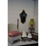 A LLOYD LOOM BEDROOM CHAIR, together with a gilt framed wall mirror, mahogany wine table, magazine