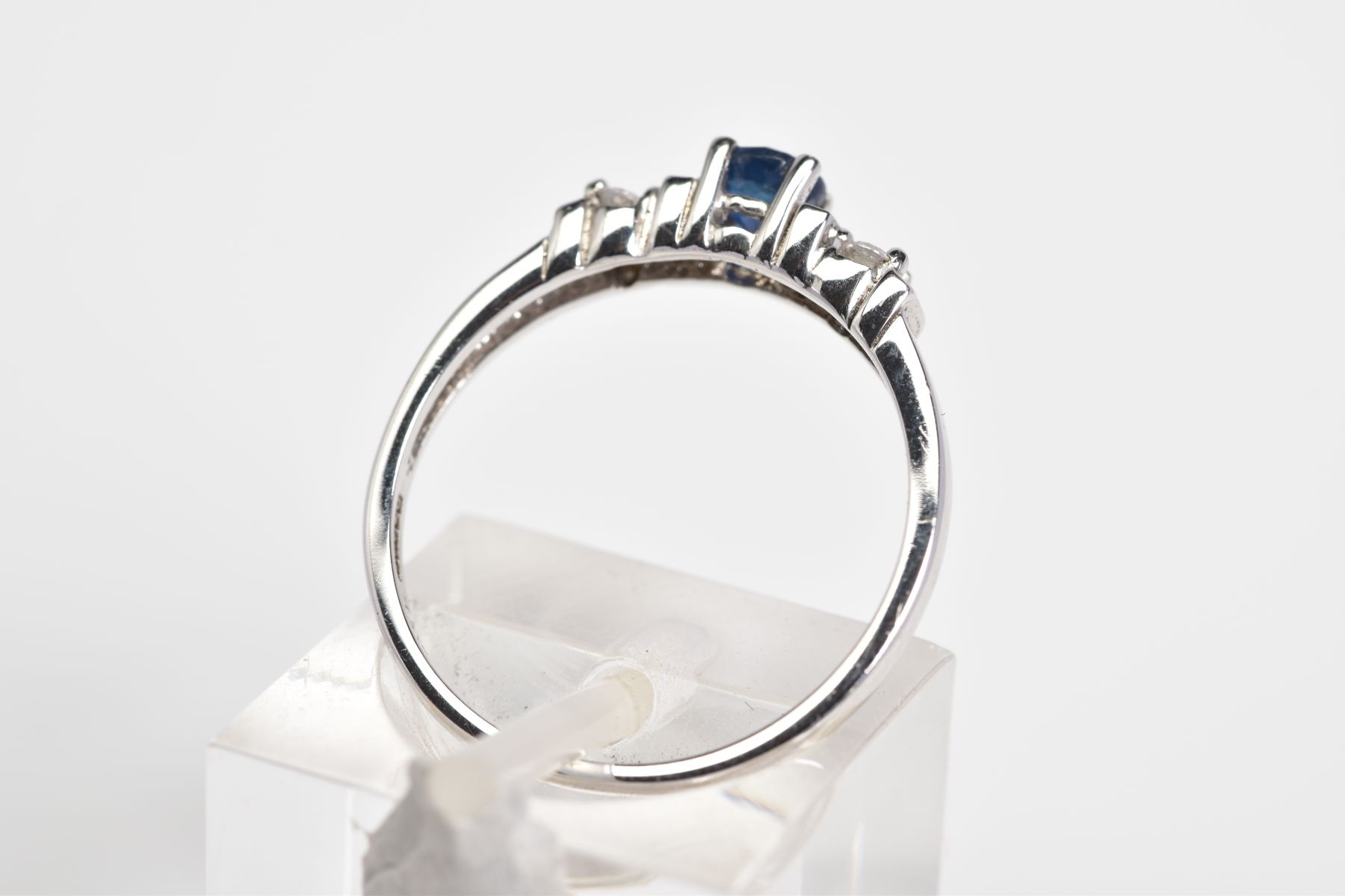 A 9CT WHITE GOLD SAPPHIRE AND DIAMOND RING, designed with a central claw set circular cut - Image 3 of 3