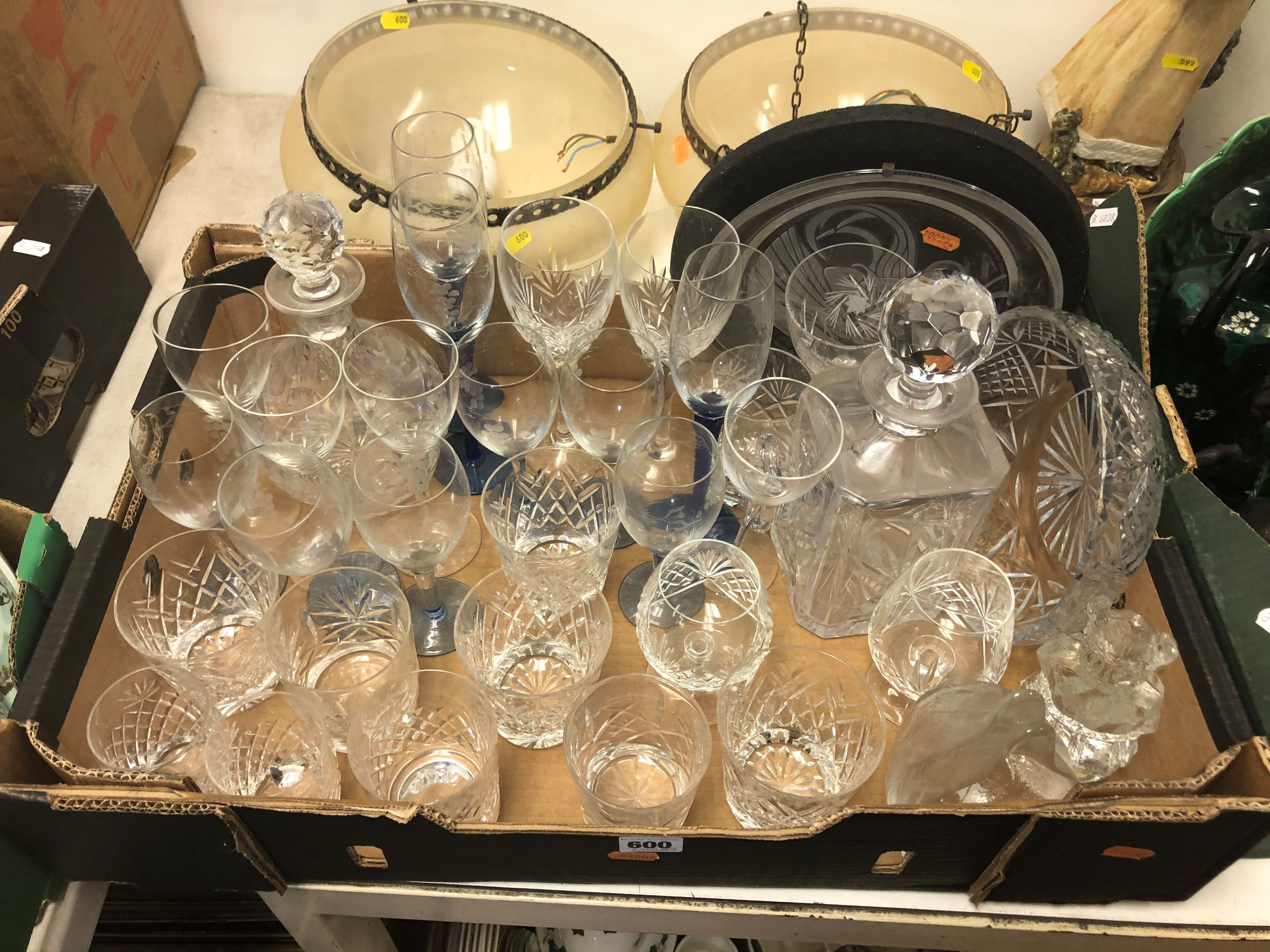 A COLLECTION OF GLASSWARE to include a pair of ceiling lights acid etched with foliate and satin