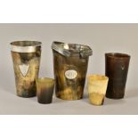 FIVE LATE 18TH, 19TH AND EARLY 20TH CENTURY CONICAL HORN BEAKERS, one with silver liner, marks