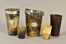 FIVE LATE 18TH, 19TH AND EARLY 20TH CENTURY CONICAL HORN BEAKERS, one with silver liner, marks