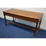 AN 18TH CENTURY AND LATER CHERRYWOOD PLANK TOP REFECTORY TABLE, on a jointed base with a single