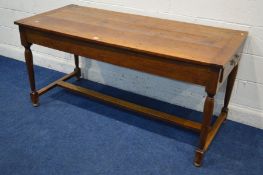 AN 18TH CENTURY AND LATER CHERRYWOOD PLANK TOP REFECTORY TABLE, on a jointed base with a single