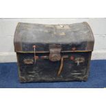 A VINTAGE CANVAS AND BROWN LEATHER BANDED TOPPED TRUNK, width 76cm x depth 52cm x height 63cm (sd