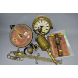 A QUANTITY OF ASSORTED BRASS AND METALWARE ETC, to include unmarked ships clock (with keys), Salters