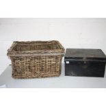 A VINTAGE WICKER BREAD BASKET, approximate width 60cm x depth 48cm x height 36cm, and a vintage Deed