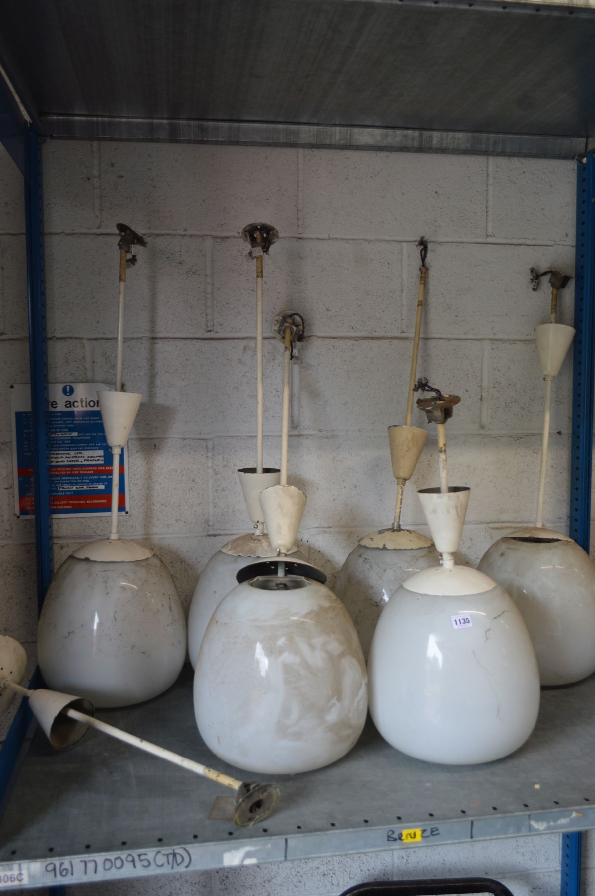 A SET OF EIGHT OPAQUE WHITE OVOID AND OVER PAINTED NICKEL CEILING LIGHT FITTINGS, approximate height