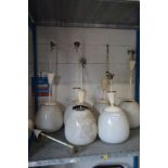 A SET OF EIGHT OPAQUE WHITE OVOID AND OVER PAINTED NICKEL CEILING LIGHT FITTINGS, approximate height