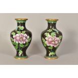 A PAIR OF CLOISONNE VASES, floral design on black ground, height 16cm (2)