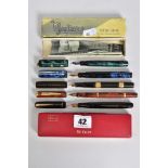 A SELECTION OF FIVE FOUNTAIN PENS, to include three 'swan' fountain pens each with 14ct gold nibs