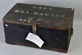 A LARGE WOODEN WWII ERA OFFICERS TRUNK/CHEST, approximately 68cm x 40cm x 32cm with metal