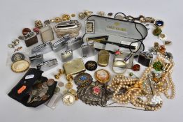TWO BOXES OF ITEMS, to include a box of costume jewellery with contents such as imitation pearl